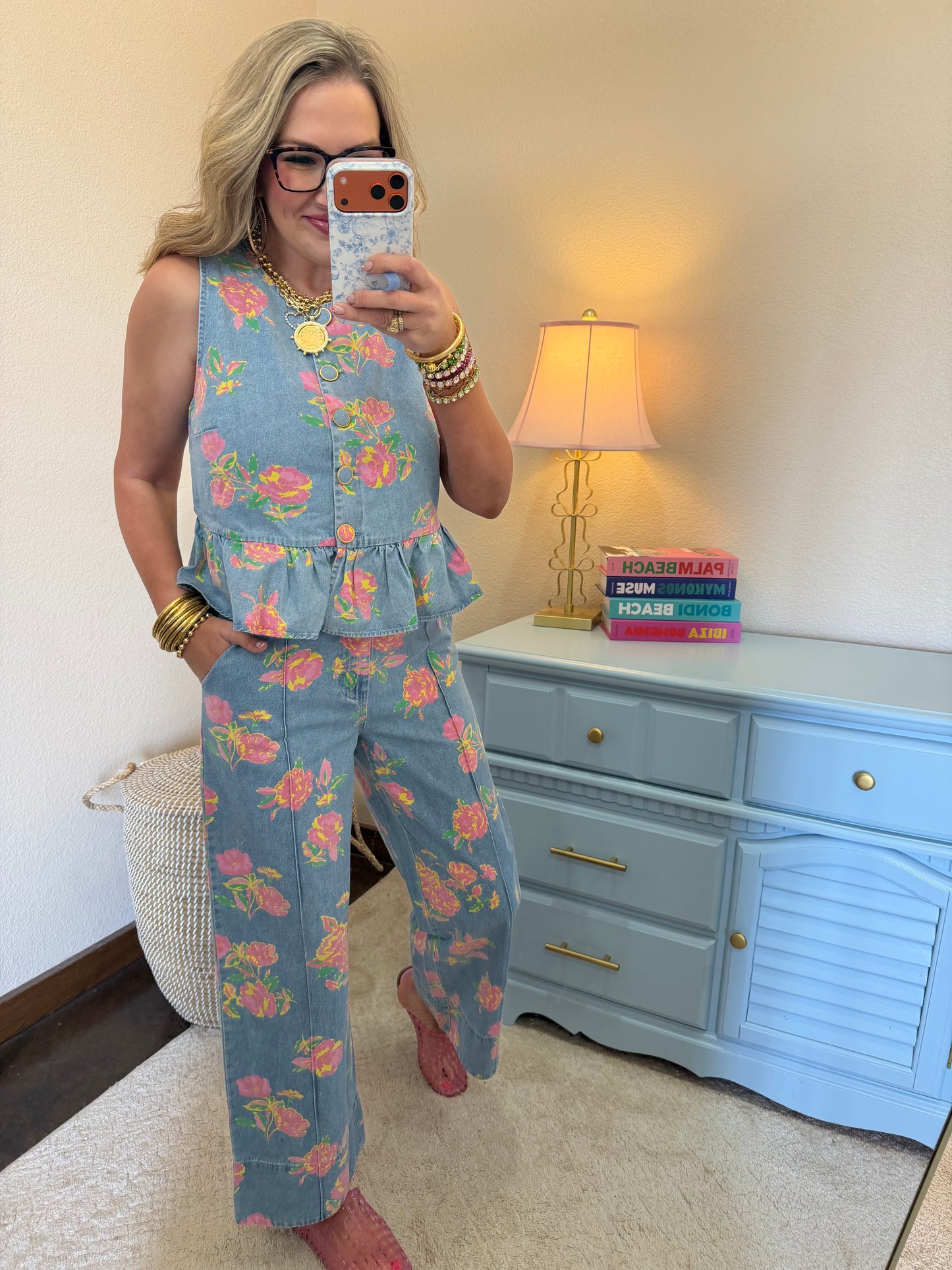Floral Denim Two Piece Pant Set