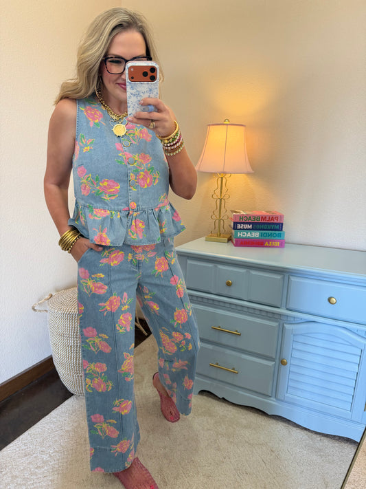 Floral Denim Two Piece Pant Set