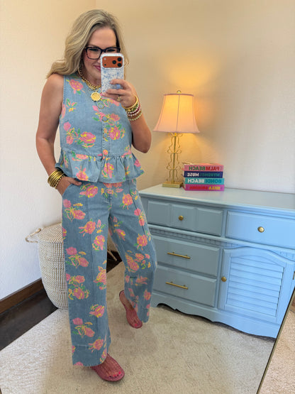 Floral Denim Two Piece Pant Set