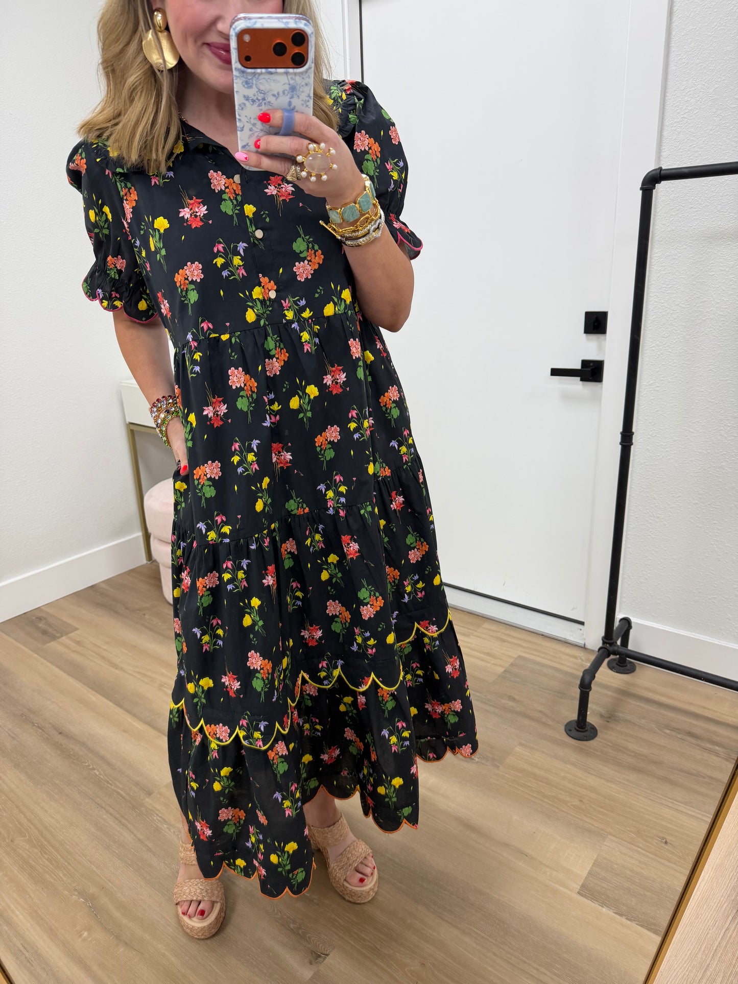 Black Floral Ruffle Collar Decorative Button Down Dress