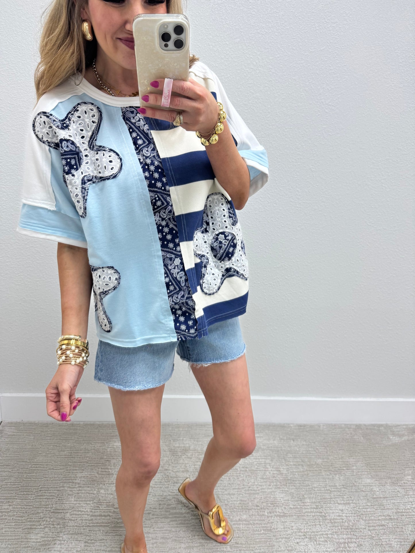 Light Blue and Navy Flower Patch Detailed Top