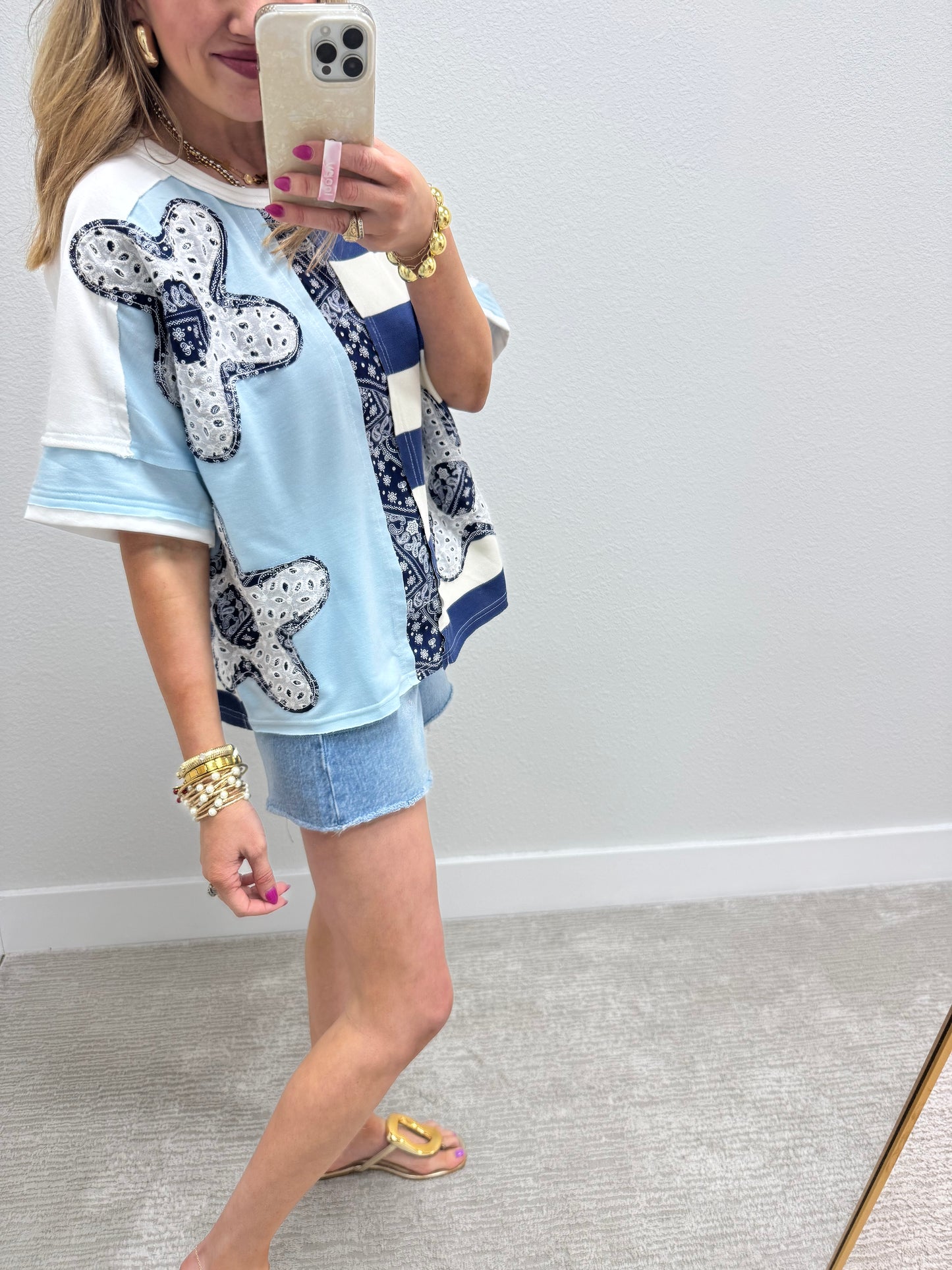 Light Blue and Navy Flower Patch Detailed Top