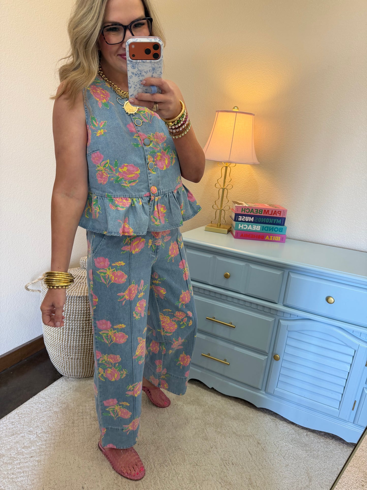 Floral Denim Two Piece Pant Set