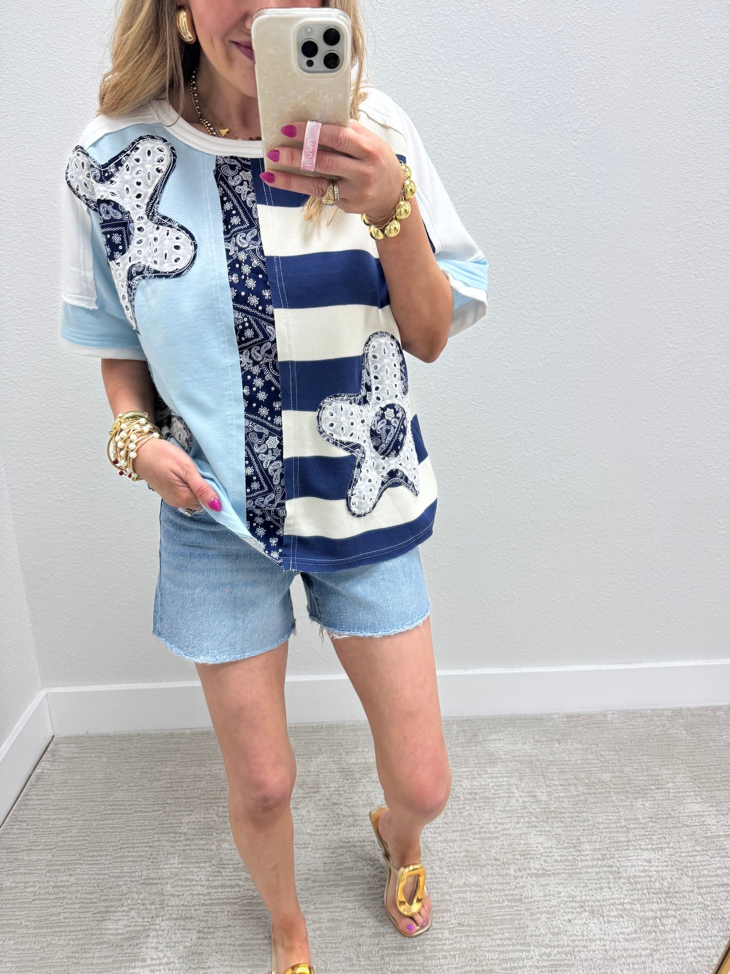 Light Blue and Navy Flower Patch Detailed Top