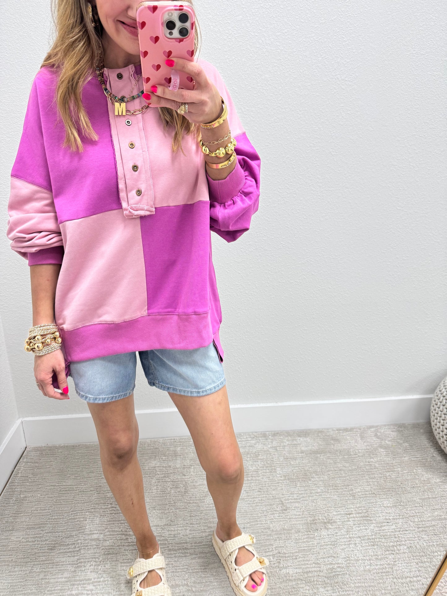 Dusty Pink & Magenta Oversized Color Block Pullover Top
