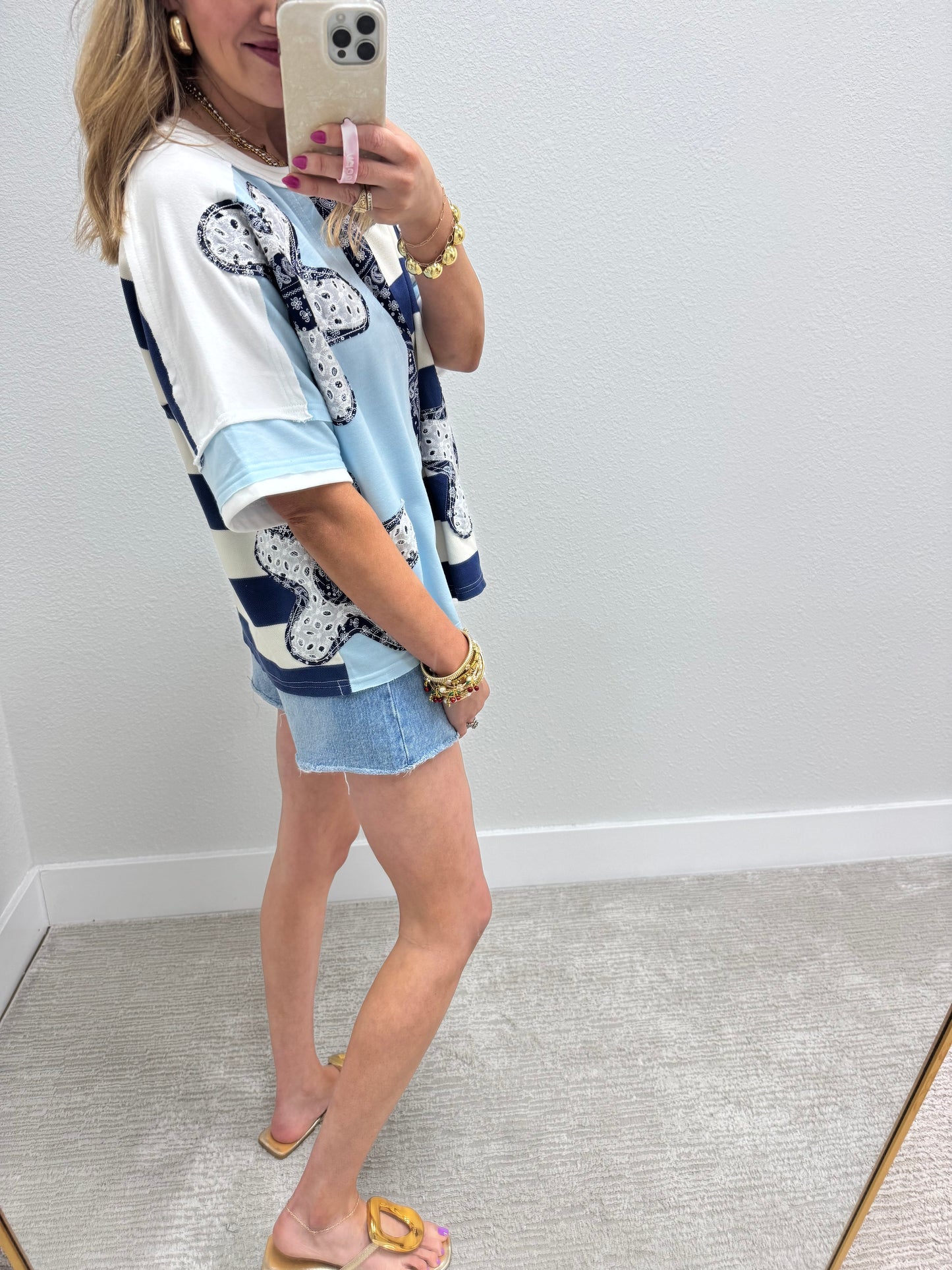 Light Blue and Navy Flower Patch Detailed Top