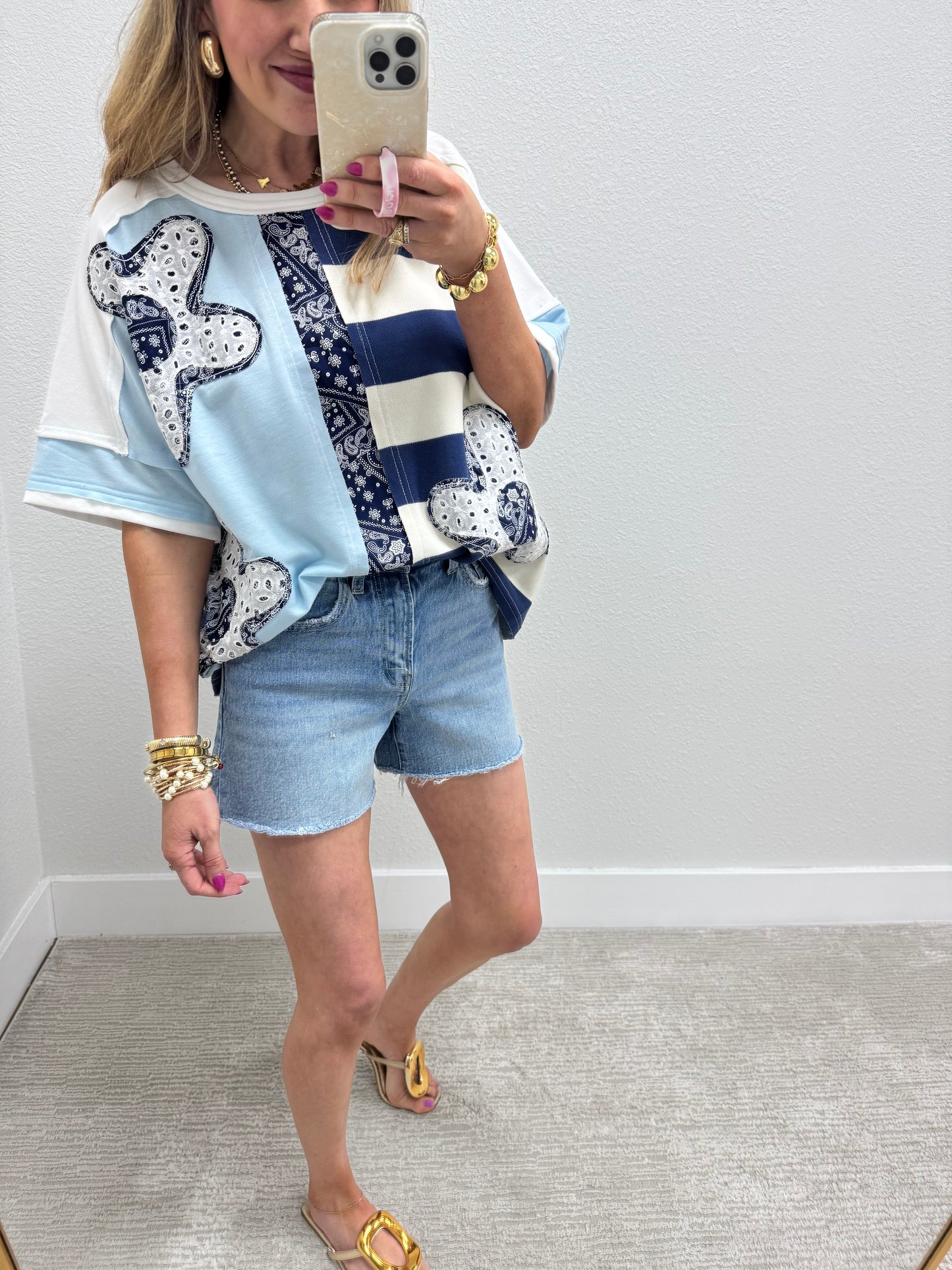 Light Blue and Navy Flower Patch Detailed Top