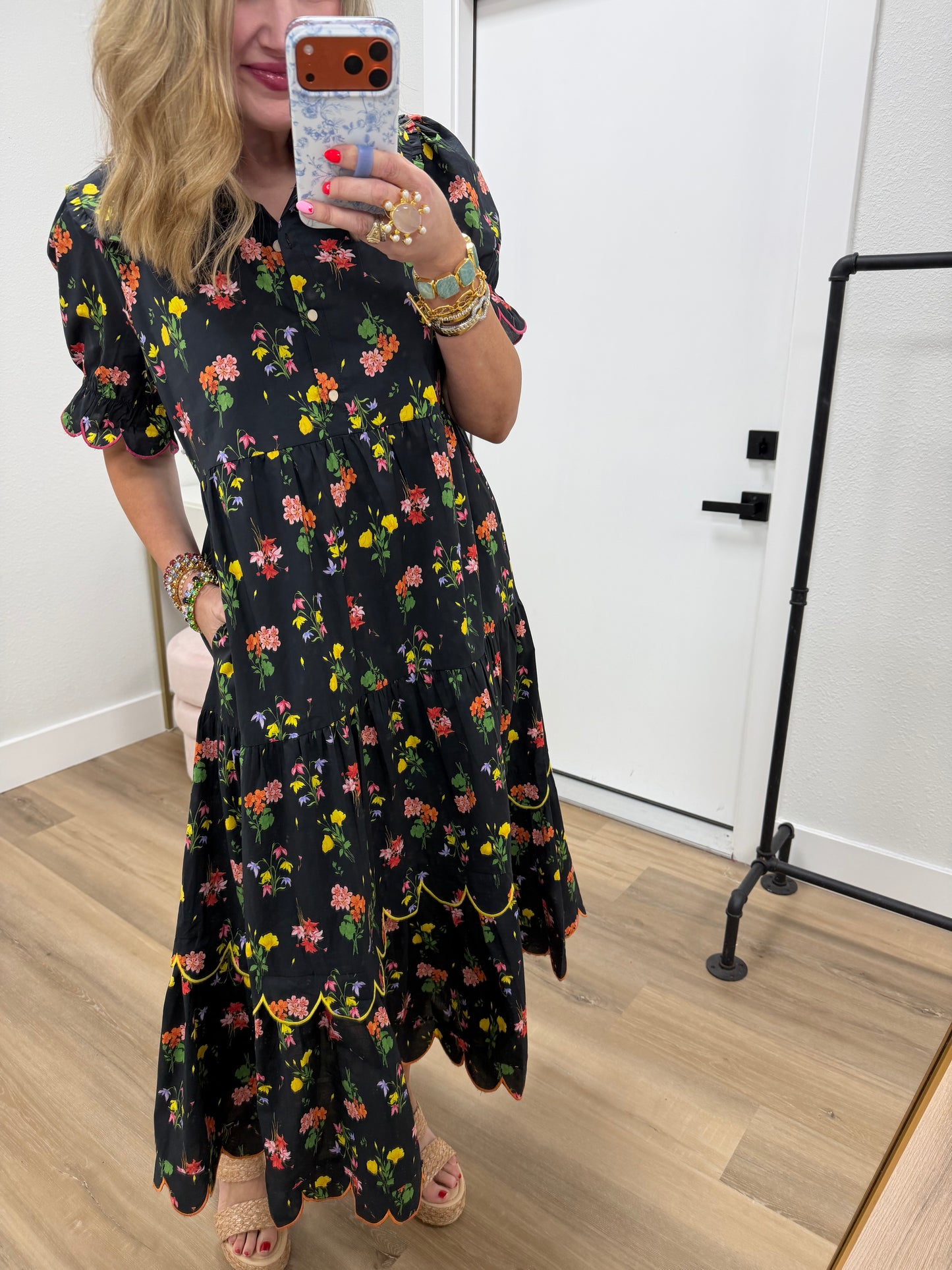 Black Floral Ruffle Collar Decorative Button Down Dress