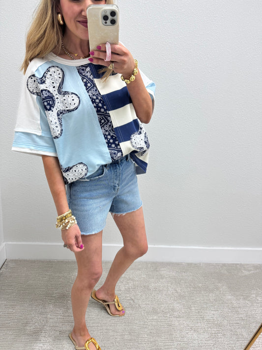 Light Blue and Navy Flower Patch Detailed Top