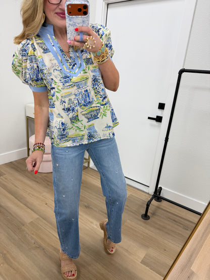 Blue Ginger Jar Print V-Neck Top