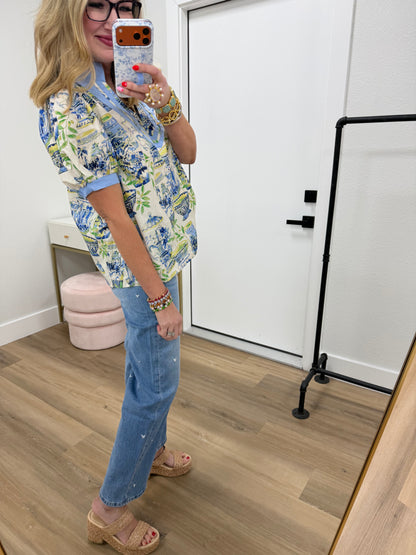 Blue Ginger Jar Print V-Neck Top