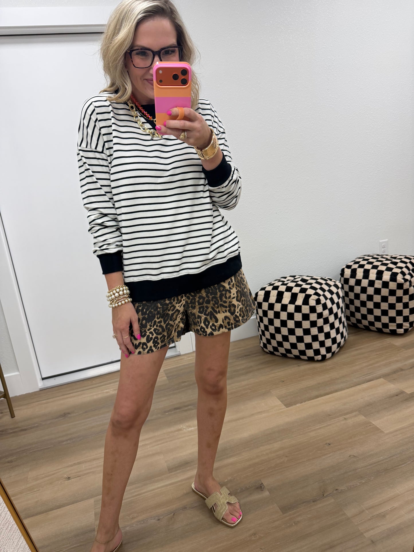 Cream & Black Striped Rib Banded Pullover