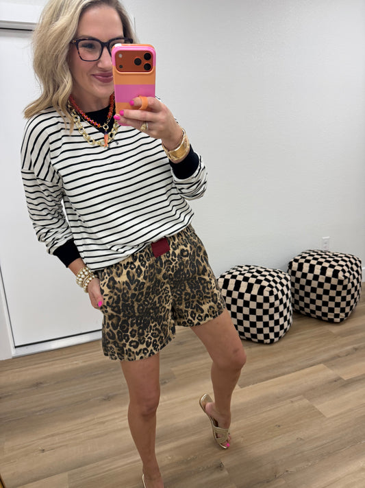 Cream & Black Striped Rib Banded Pullover