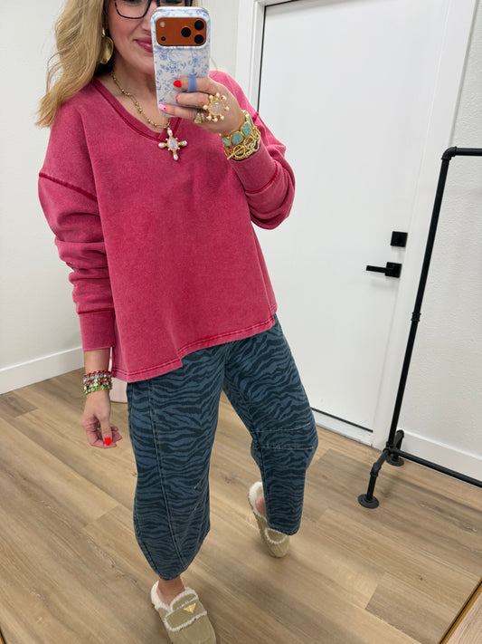 Red Oversized Vneck Flowy Pullover Top