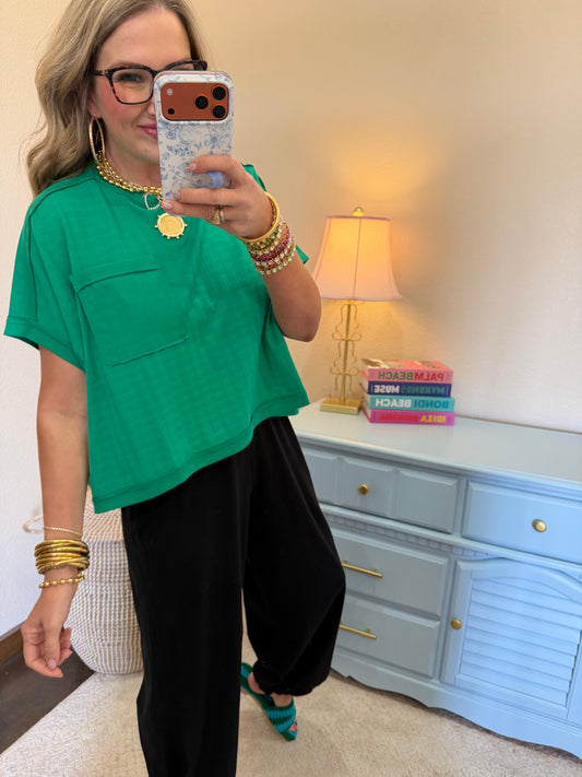 Kelly Green Dolman Sleeve Textured Knit Casual Top
