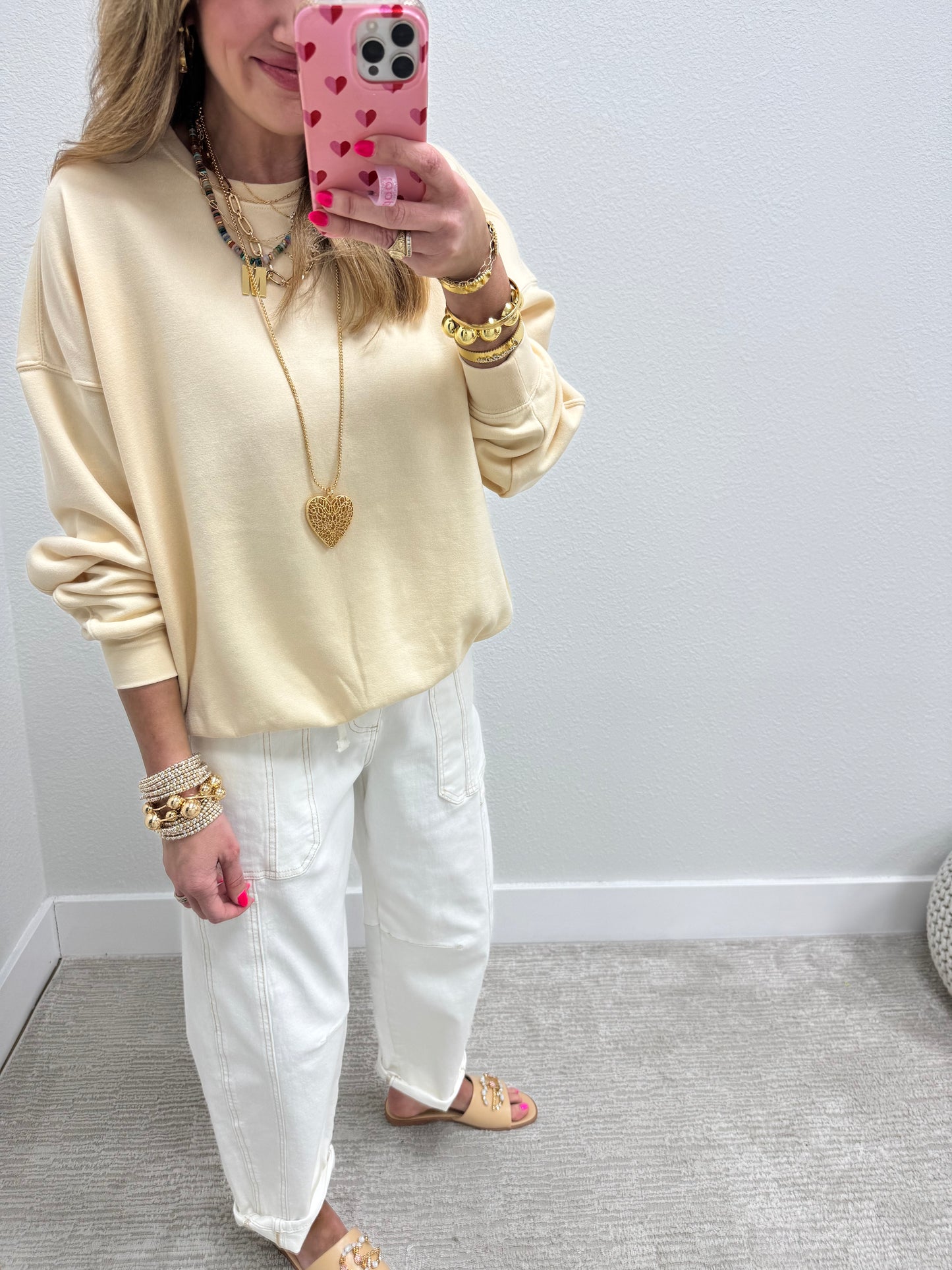 Cream Loose Fit Long Sleeve Sweatshirt Pullover Top