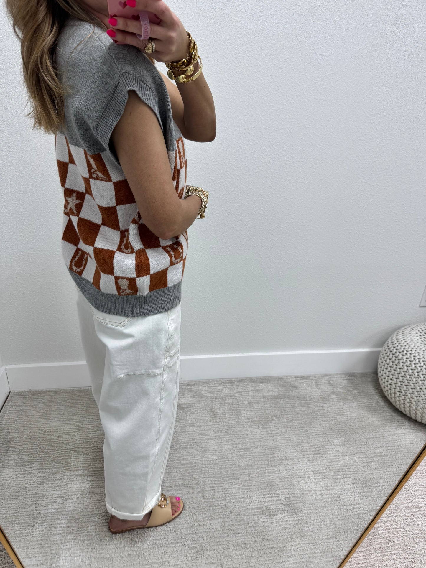 Brown and Grey Western Print Sweater Vest Top