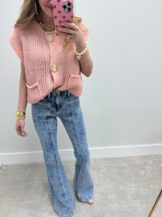 Light Pink Knitted Sweater Tank with Gold Buttons