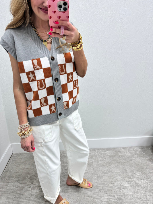 Brown and Grey Western Print Sweater Vest Top