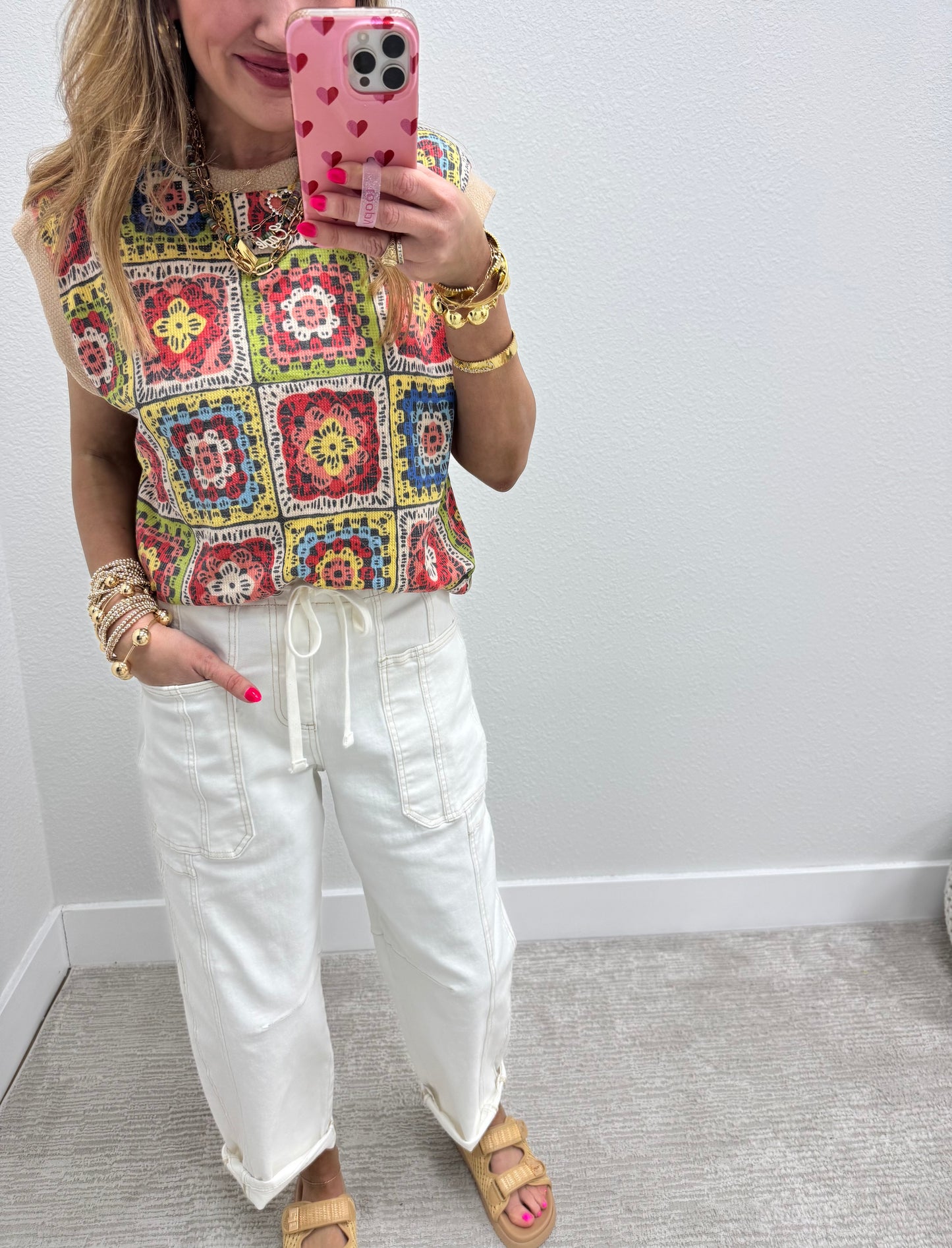Crochet Print Sleeve Knit Top