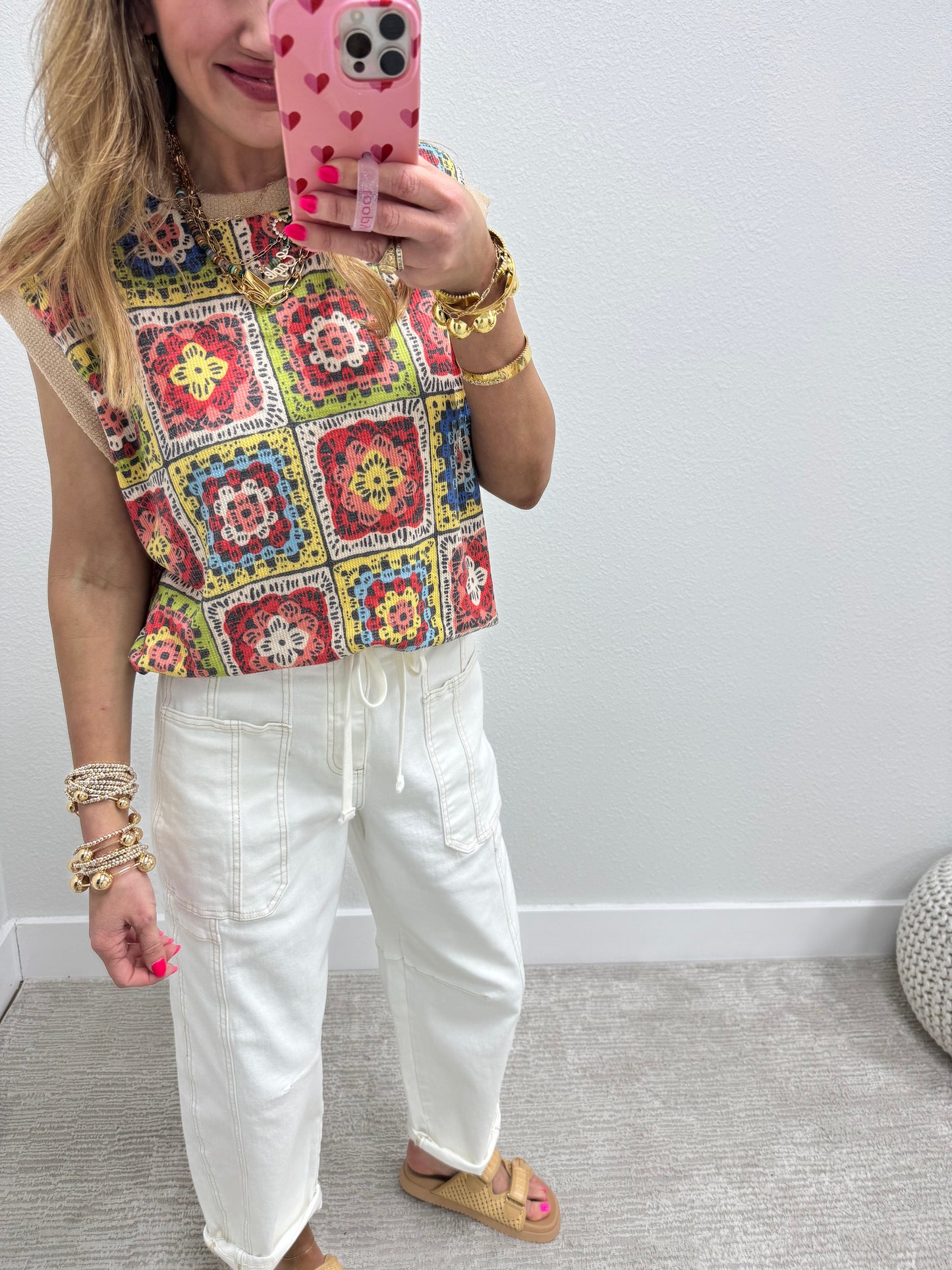 Crochet Print Sleeve Knit Top
