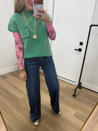 Kelly Green Solid High Neck Short Sleeve Sweater Top FS