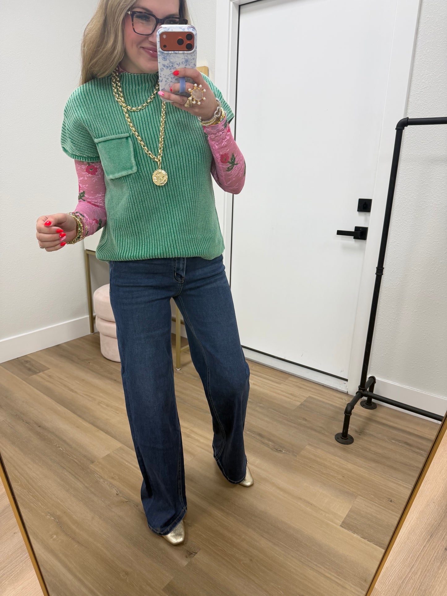 Kelly Green Solid High Neck Short Sleeve Sweater Top