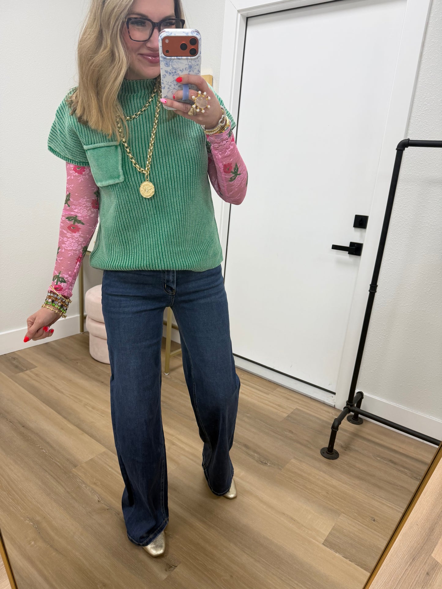 Kelly Green Solid High Neck Short Sleeve Sweater Top