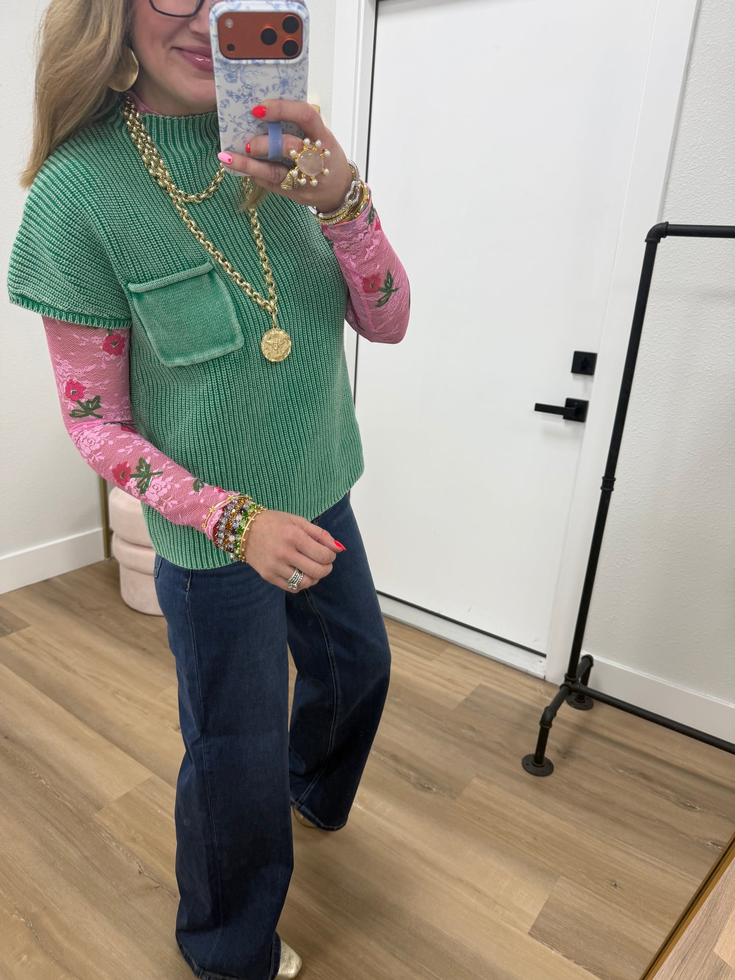 Kelly Green Solid High Neck Short Sleeve Sweater Top