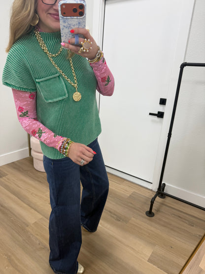 Kelly Green Solid High Neck Short Sleeve Sweater Top FS