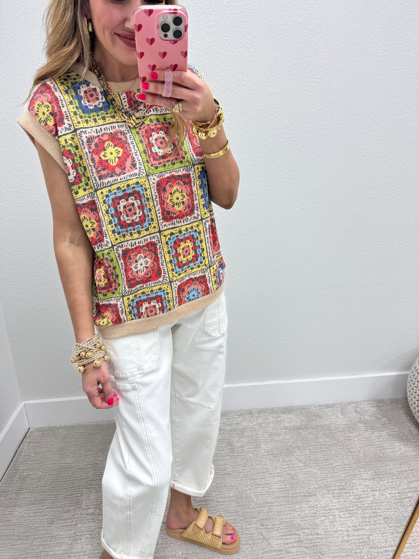 Crochet Print Sleeve Knit Top