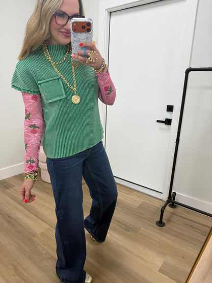 Kelly Green Solid High Neck Short Sleeve Sweater Top FS