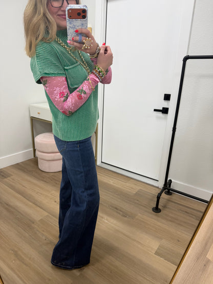 Kelly Green Solid High Neck Short Sleeve Sweater Top FS