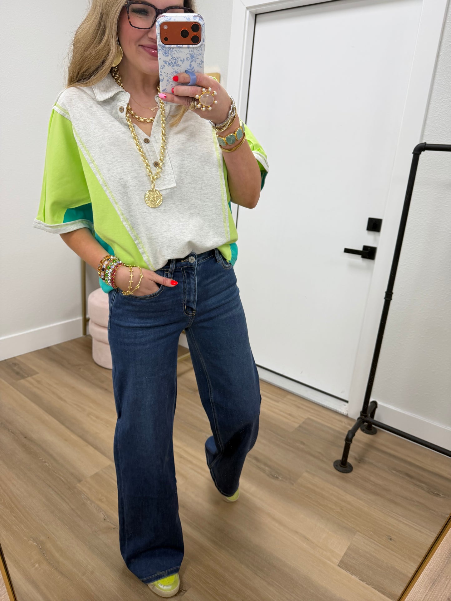 Neon Green Over-sized Dolman Color Block Top