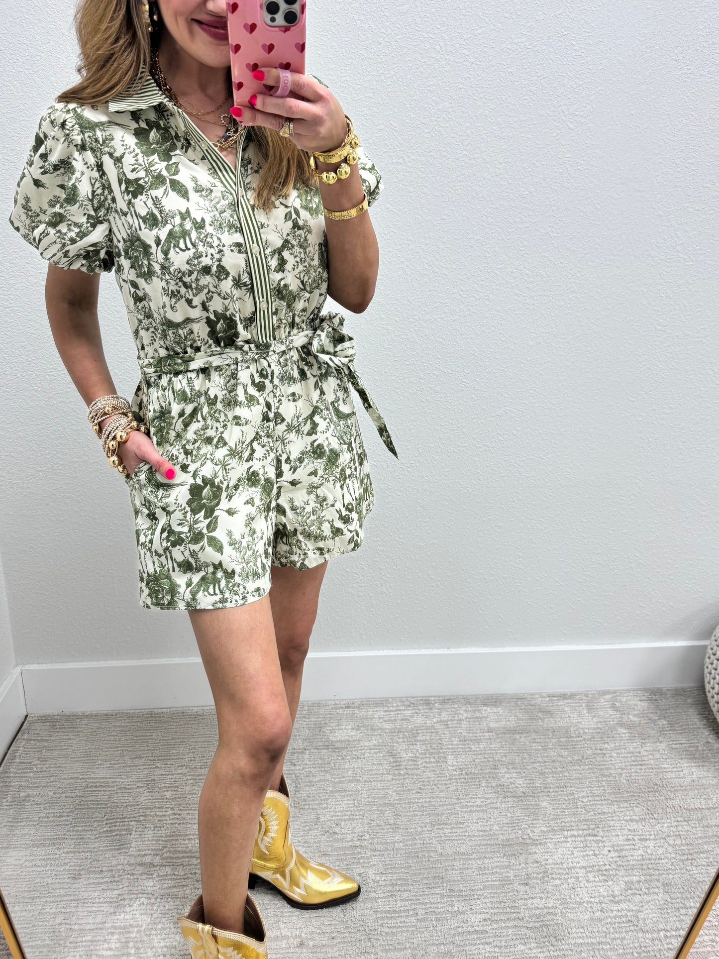 Olive Toile Print Belted Romper