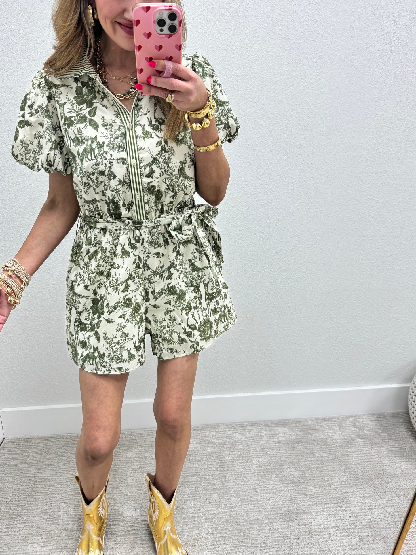 Olive Toile Print Belted Romper