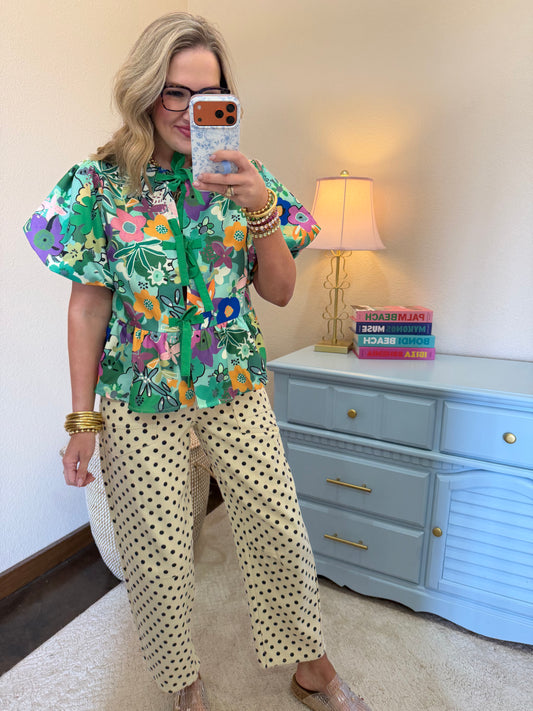 Green Floral Print Tie Front Top
