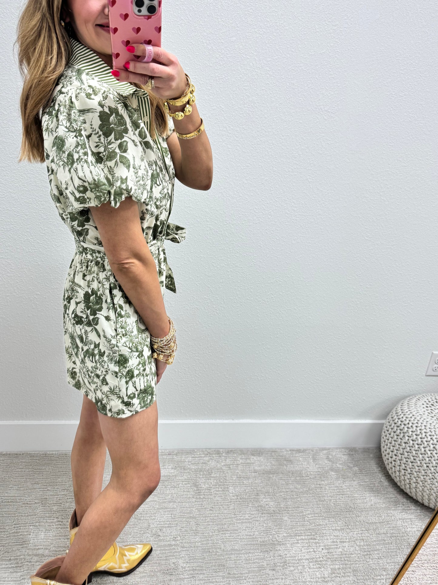 Olive Toile Print Belted Romper