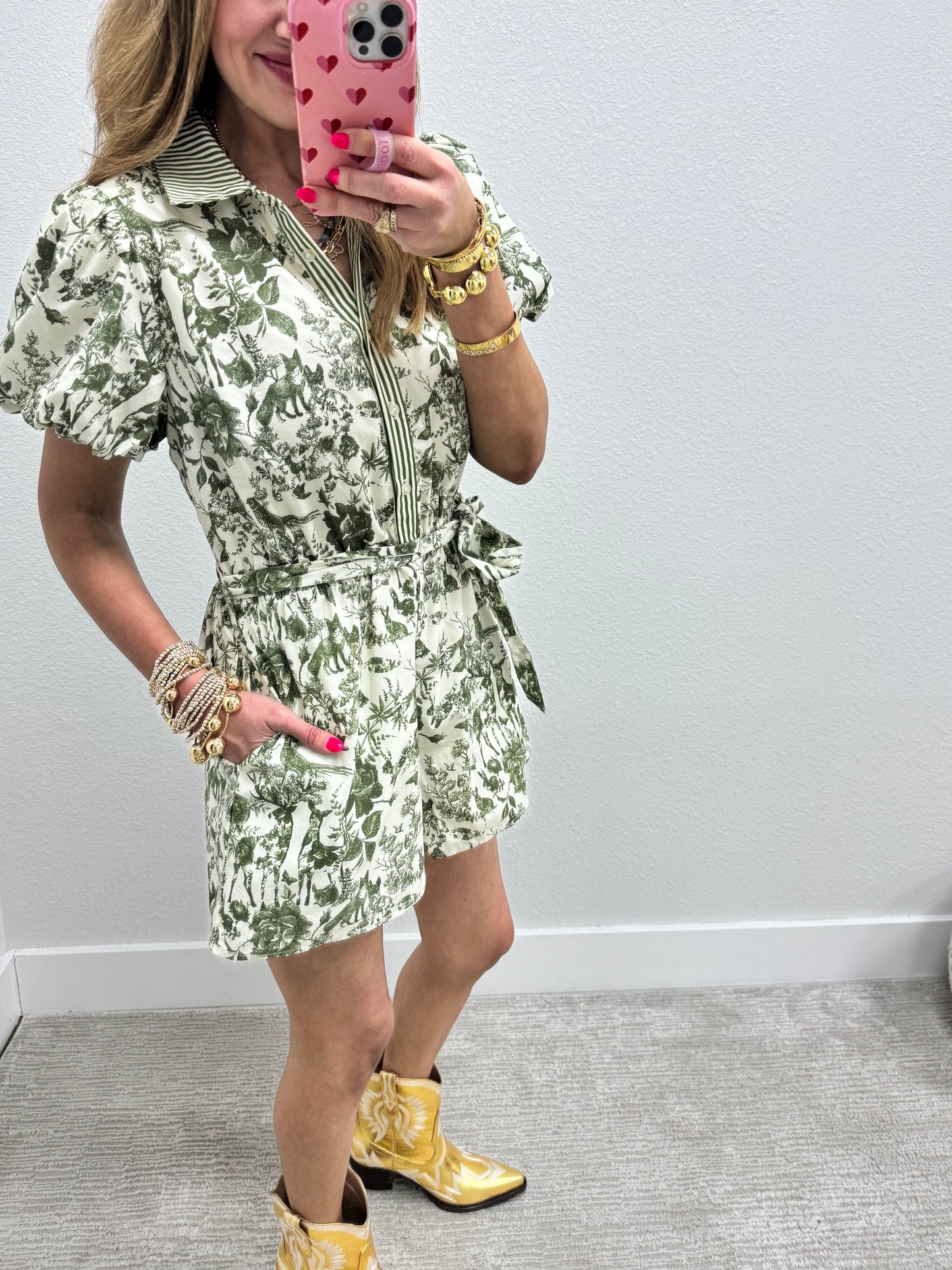 Olive Toile Print Belted Romper