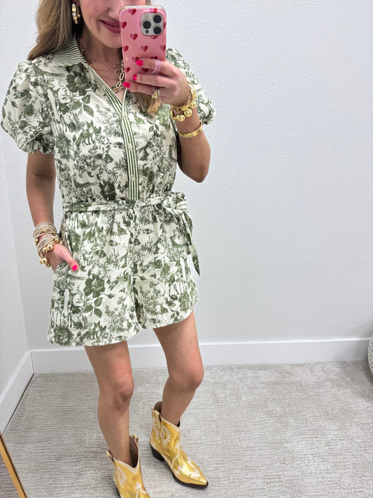 Olive Toile Print Belted Romper