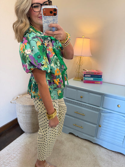 Green Floral Print Tie Front Top