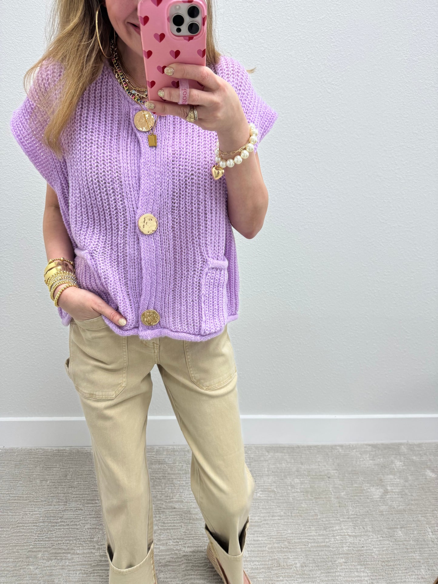 Light Purple Knitted Sweater Tank with Gold Buttons