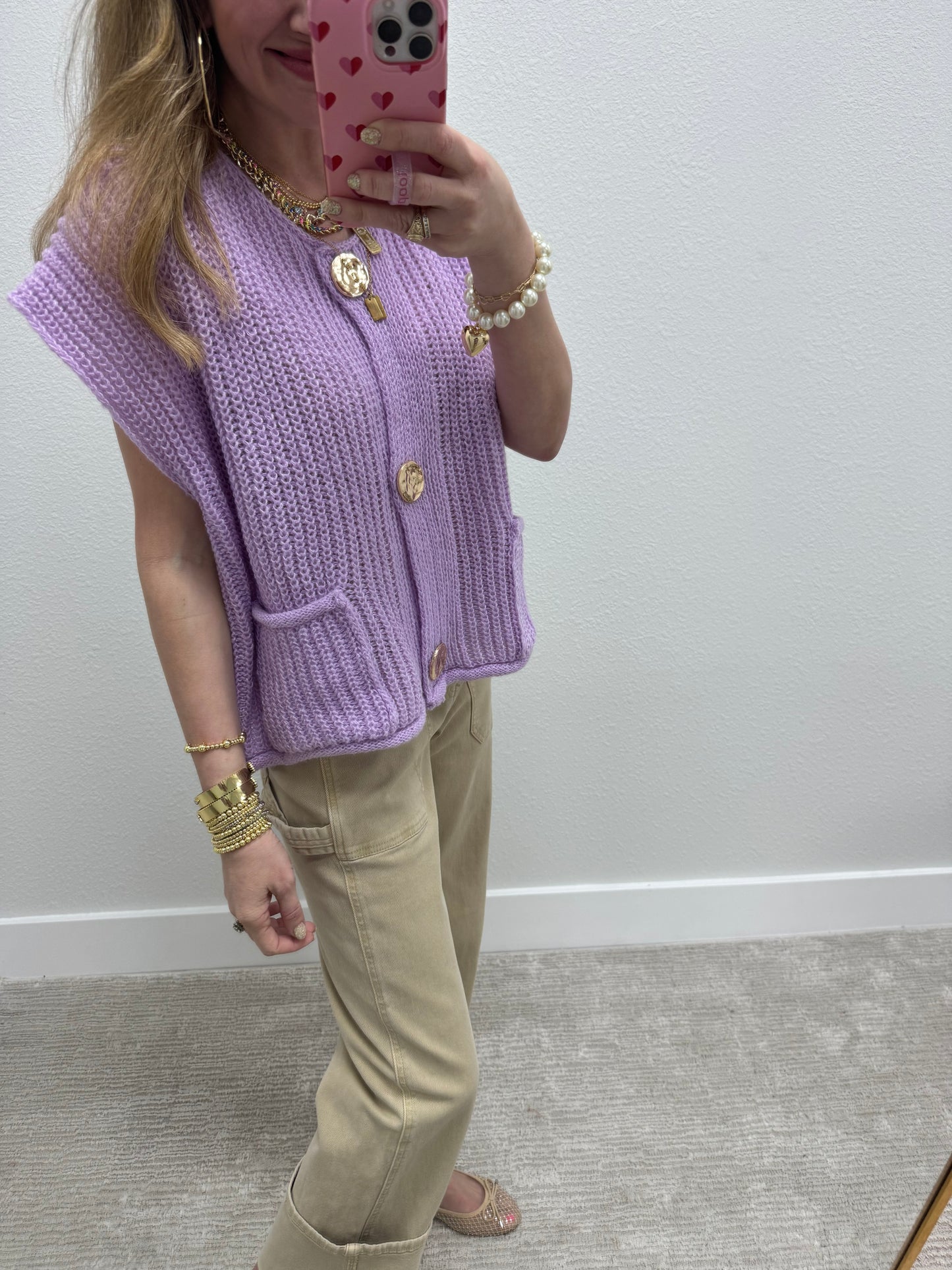 Light Purple Knitted Sweater Tank with Gold Buttons