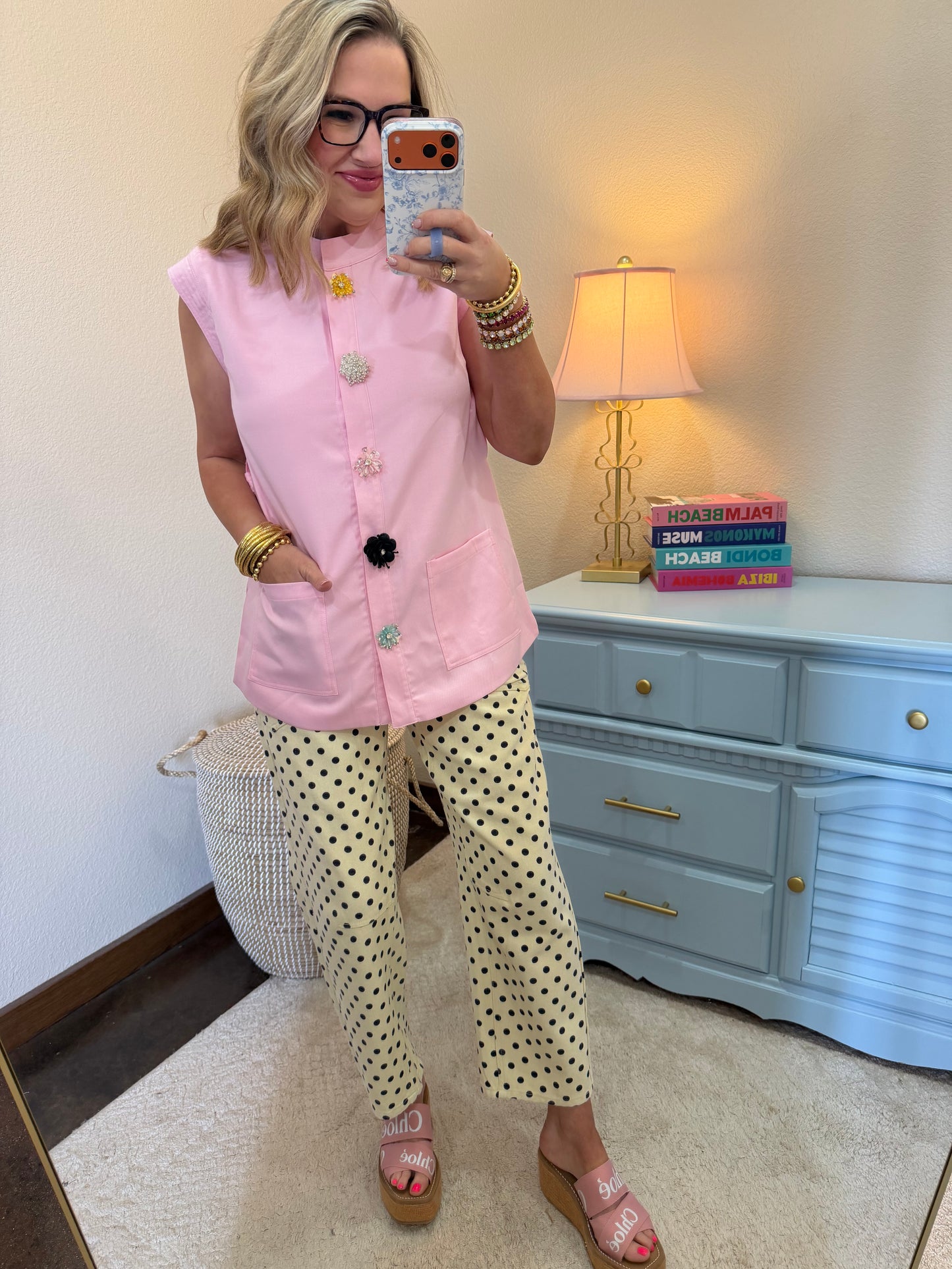 Light Pink Waist Length Top with Embellished Snap Button