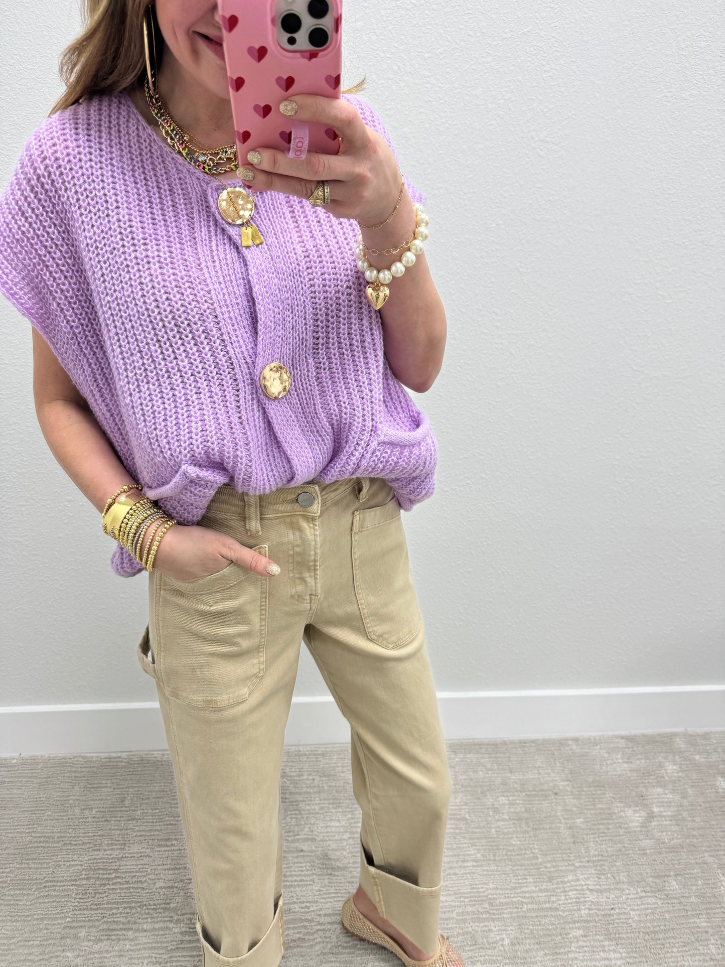 Light Purple Knitted Sweater Tank with Gold Buttons