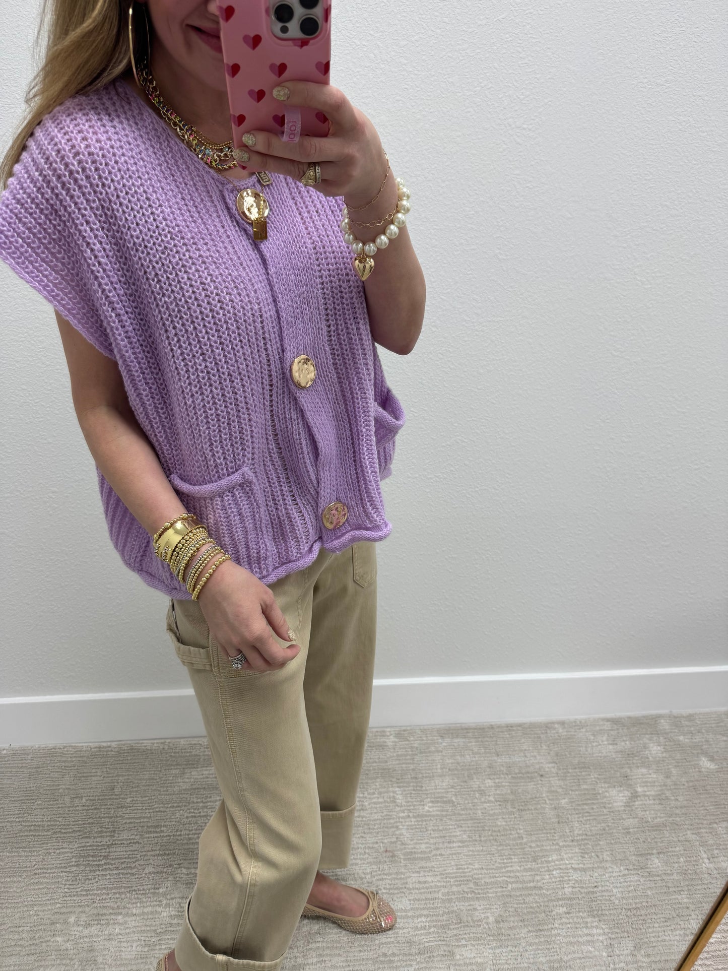 Light Purple Knitted Sweater Tank with Gold Buttons