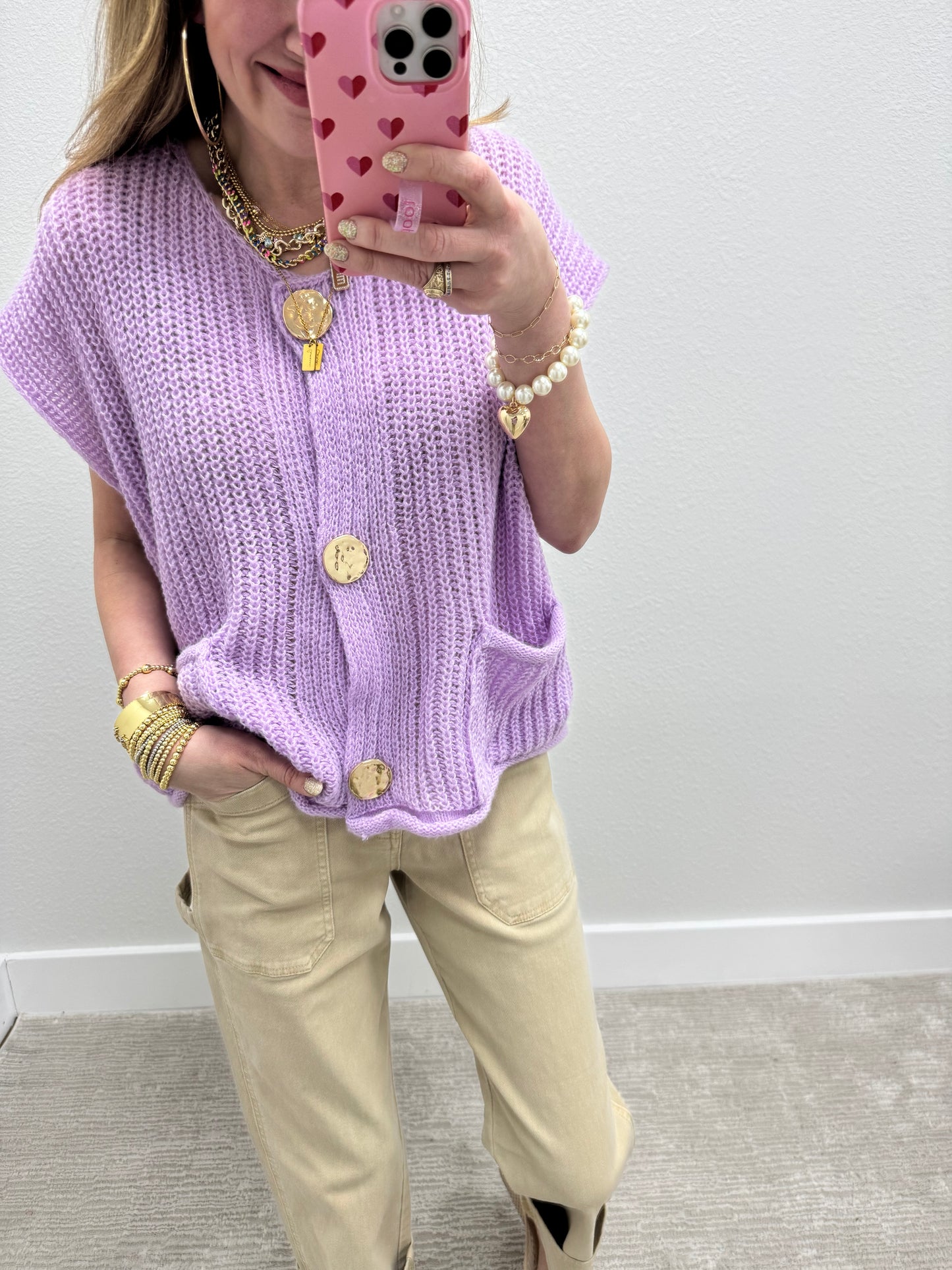 Light Purple Knitted Sweater Tank with Gold Buttons