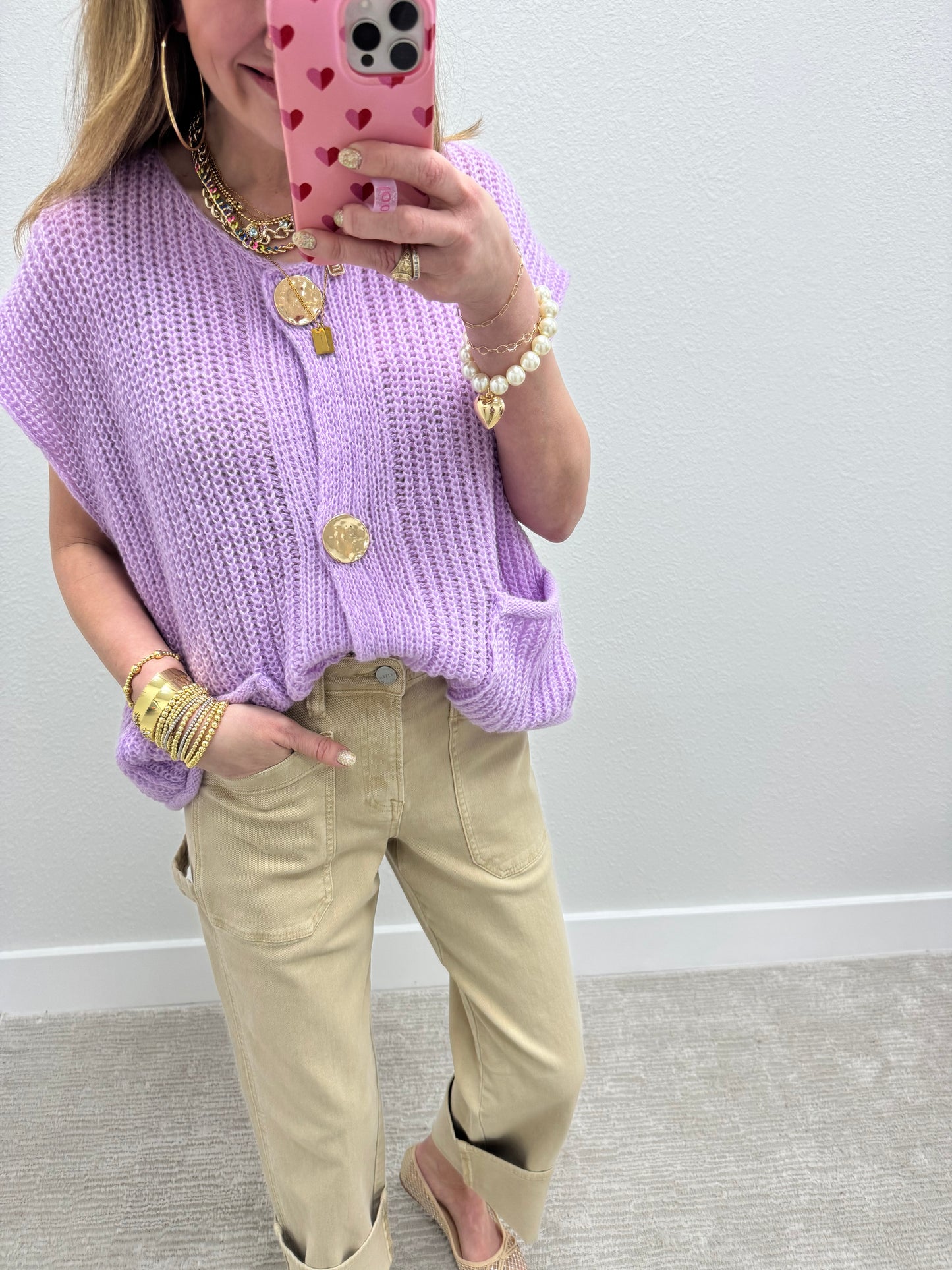 Light Purple Knitted Sweater Tank with Gold Buttons
