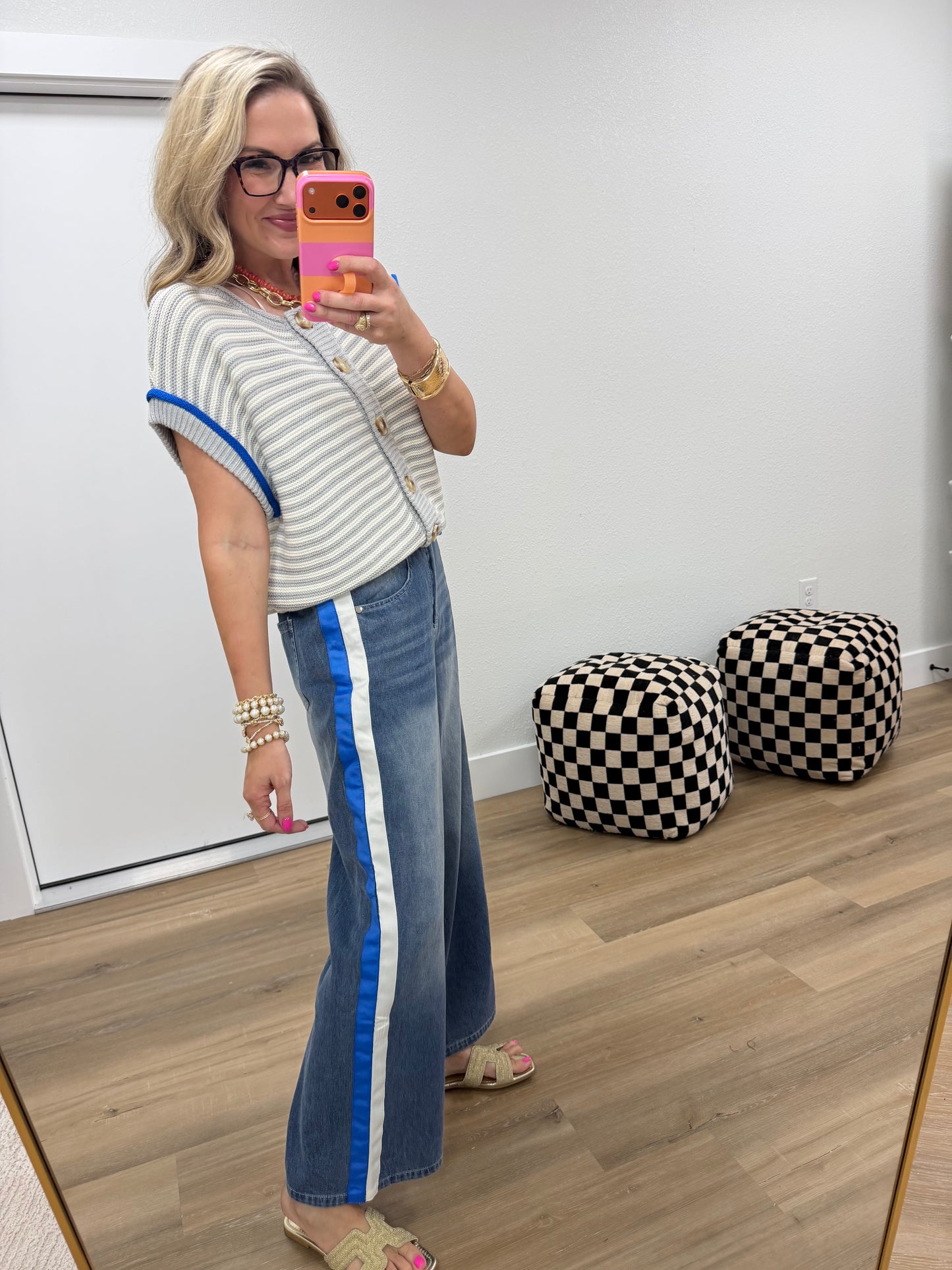 White & Royal Side Trim Accent Washed Denim Pants