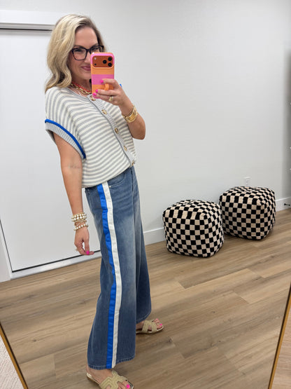 White & Royal Side Trim Accent Washed Denim Pants